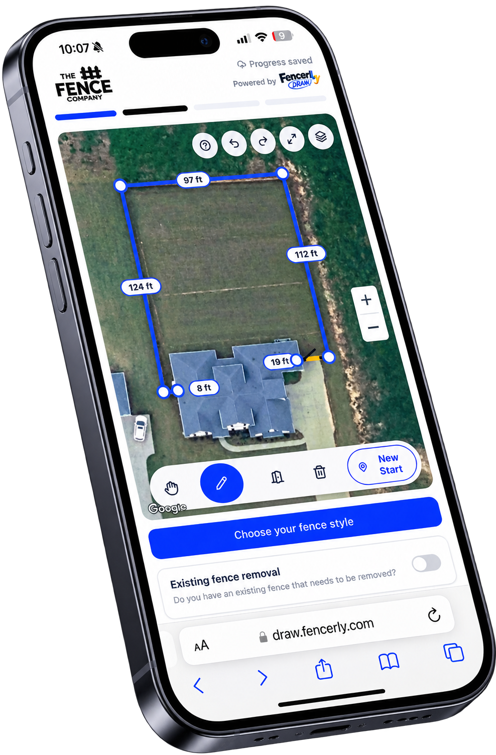 Fencerly Draw on a phone, measuring a backyard fence line on a satellite map of the property