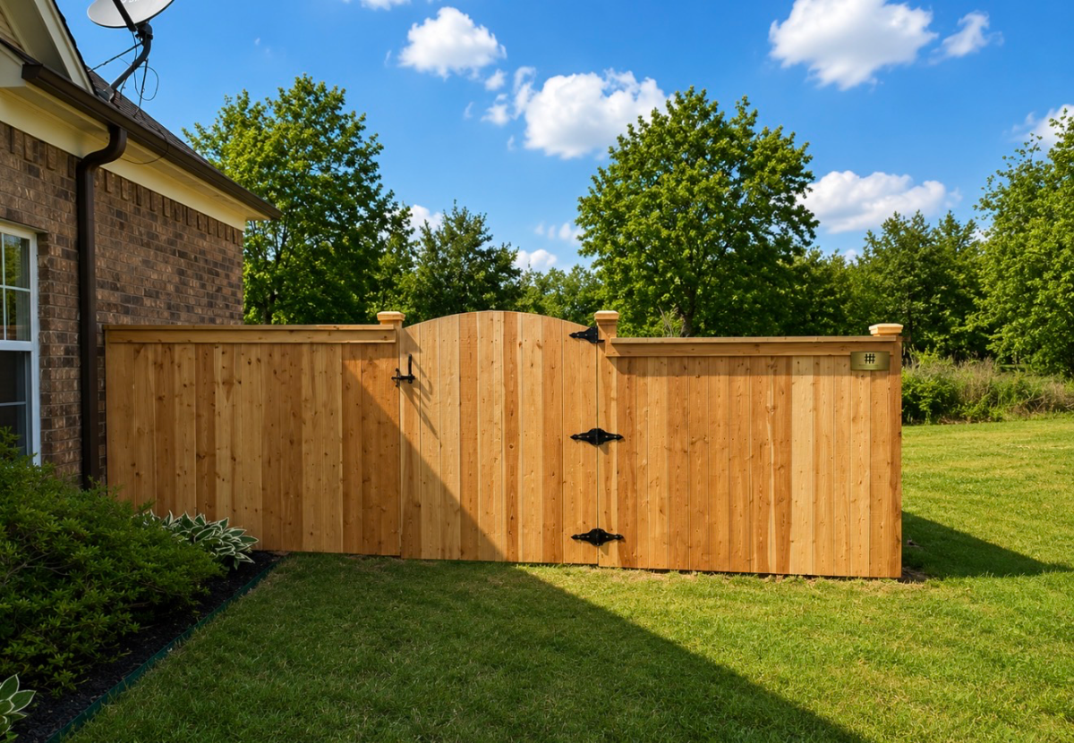 Cedar cap and trim fence along a residential backyard