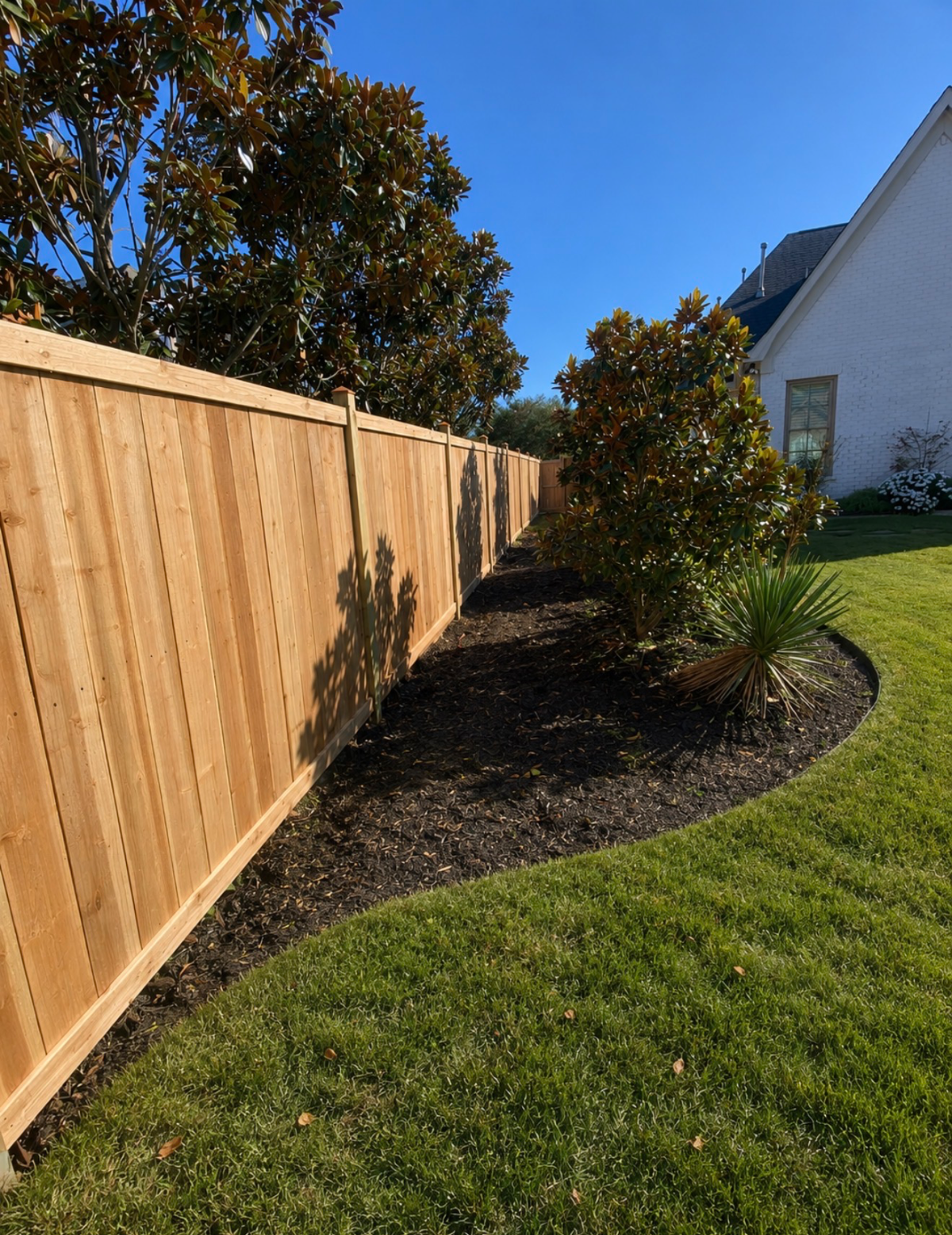 Cedar picture frame fence along a residential backyard