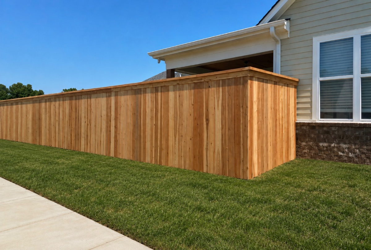 Cedar cap and trim fence along a residential backyard