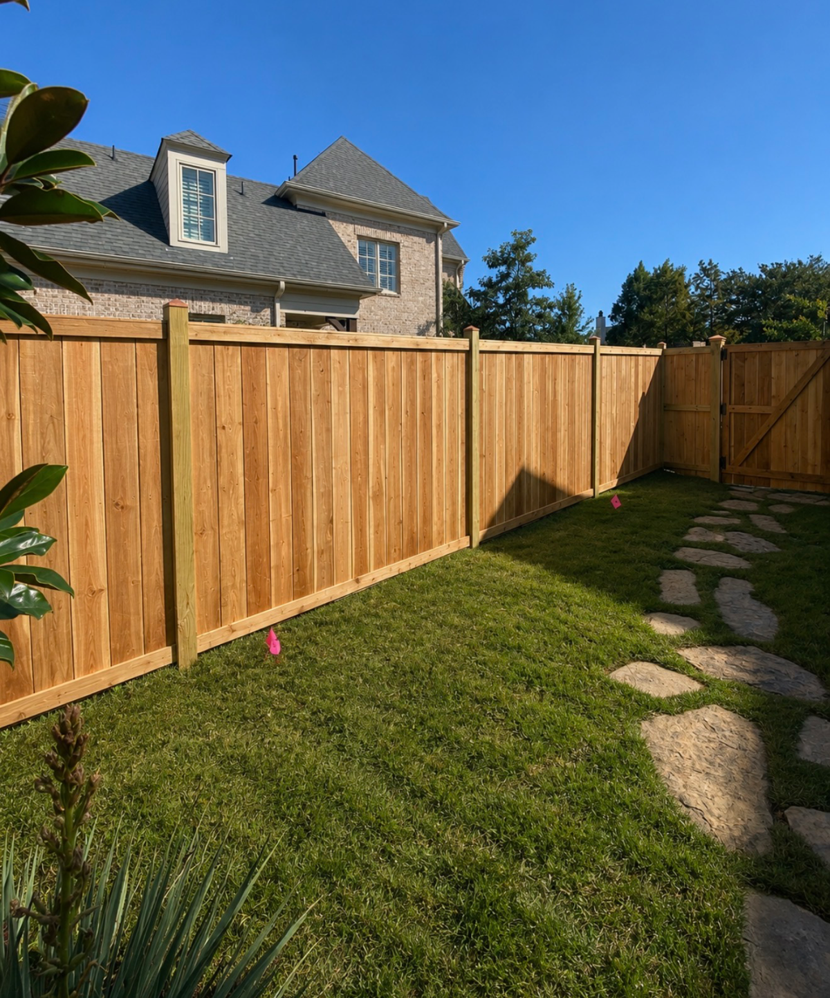 Cedar picture frame fence along a residential backyard
