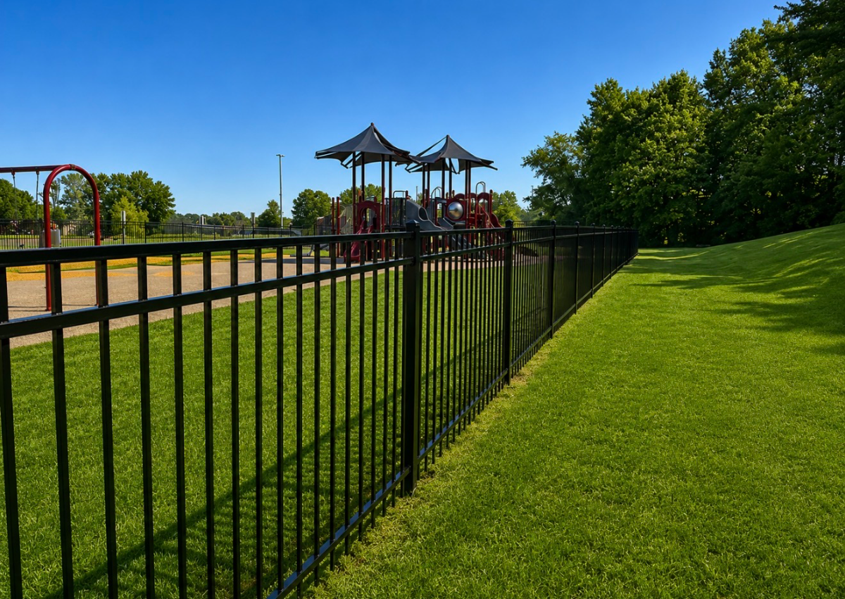 Aluminum 3-rail fence along a residential backyard