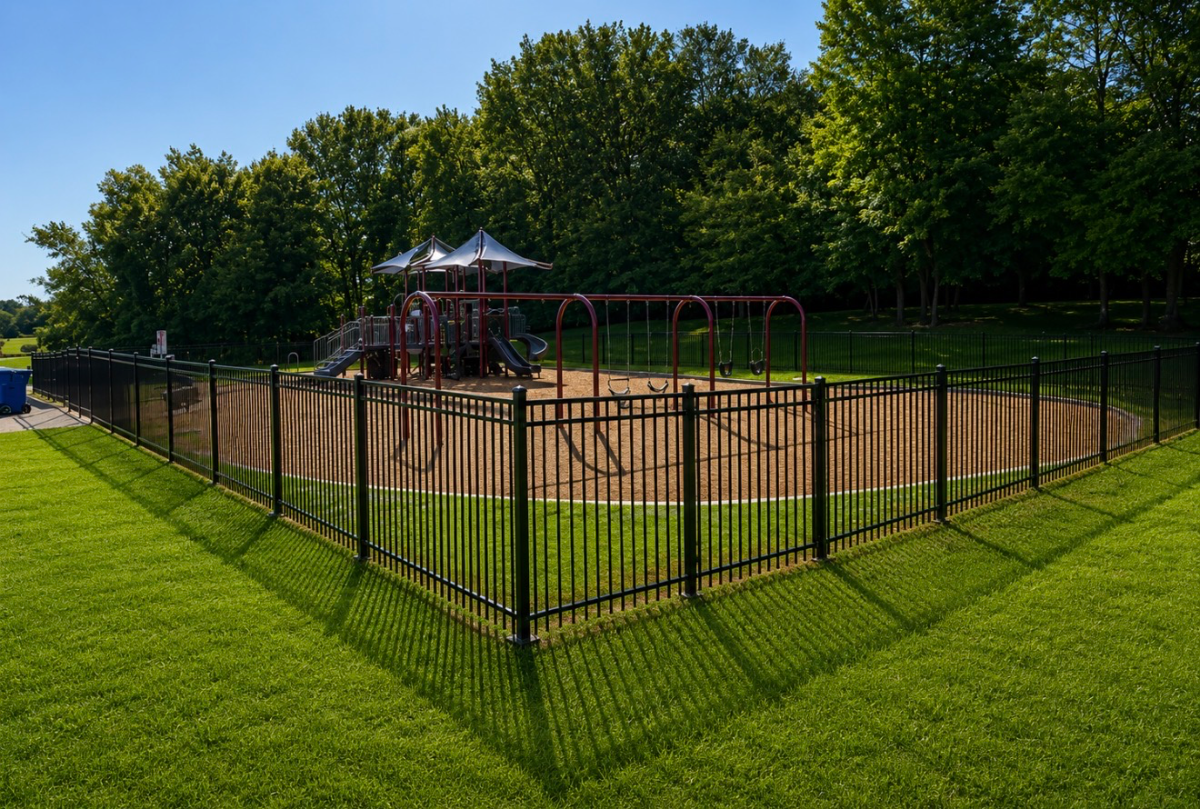 Aluminum 3-rail fence along a residential backyard