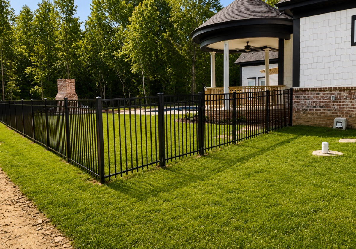 Aluminum 3-rail fence along a residential backyard