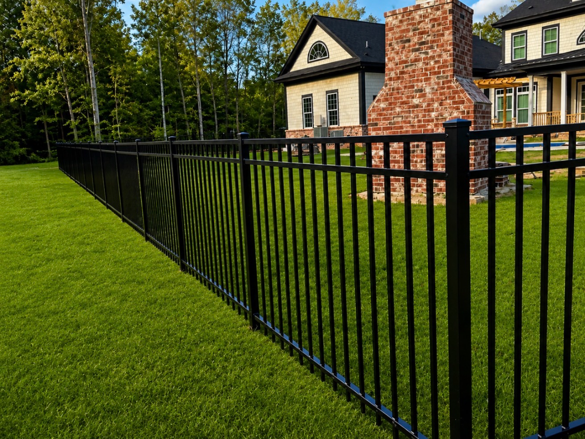 Aluminum 3-rail fence along a residential backyard