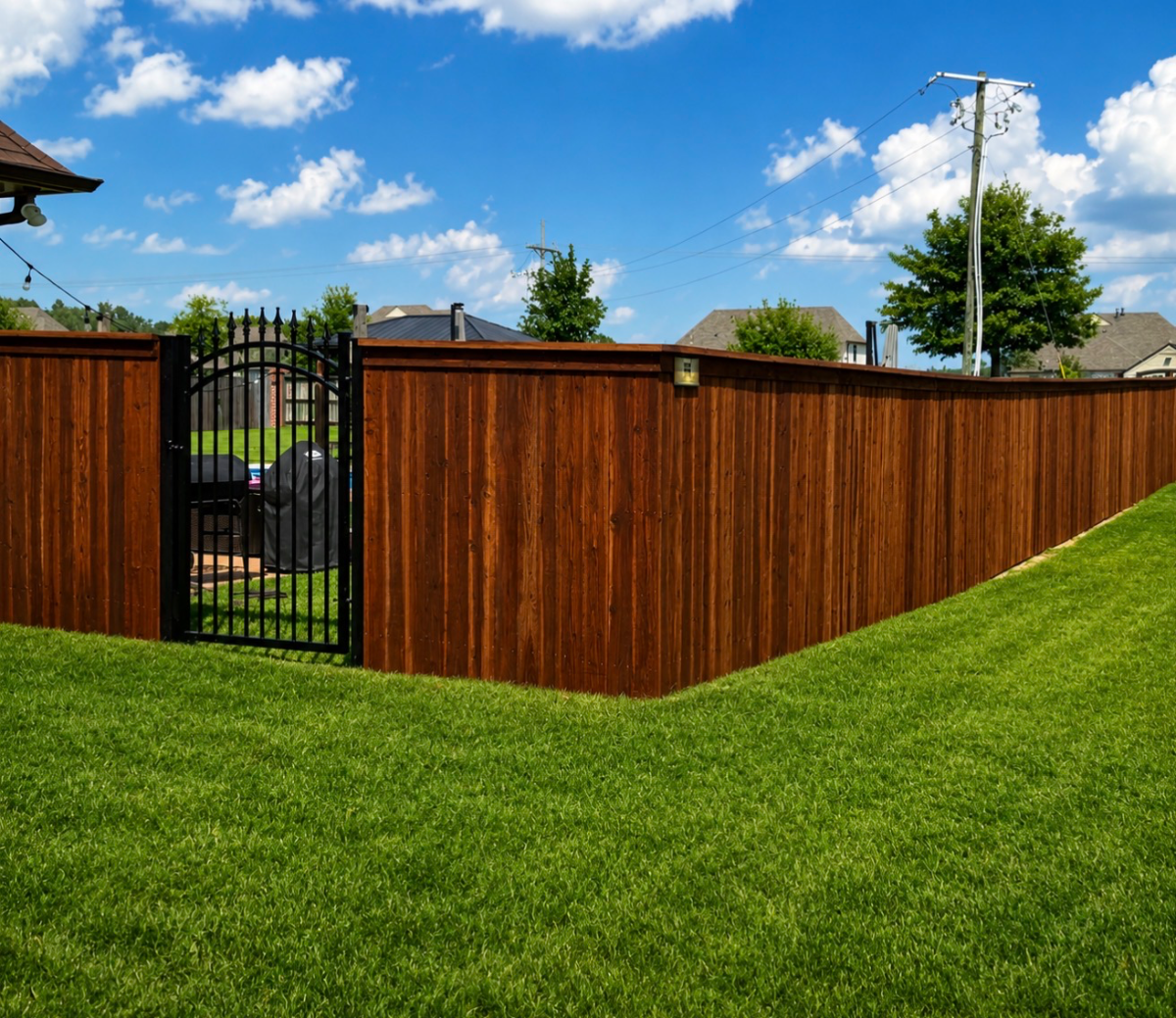 Pre-stained cedar cap and trim fence along a residential backyard