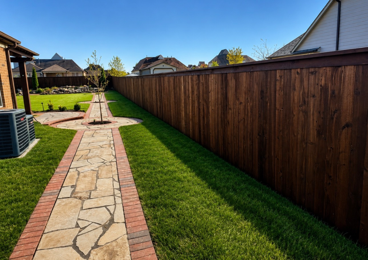Pre-stained cedar cap and trim fence along a residential backyard