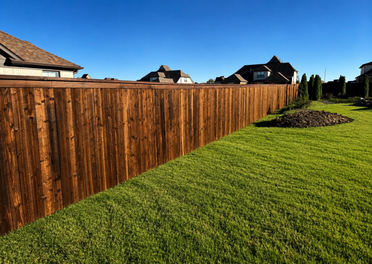 Pre-stained cedar cap and trim fence along a residential backyard