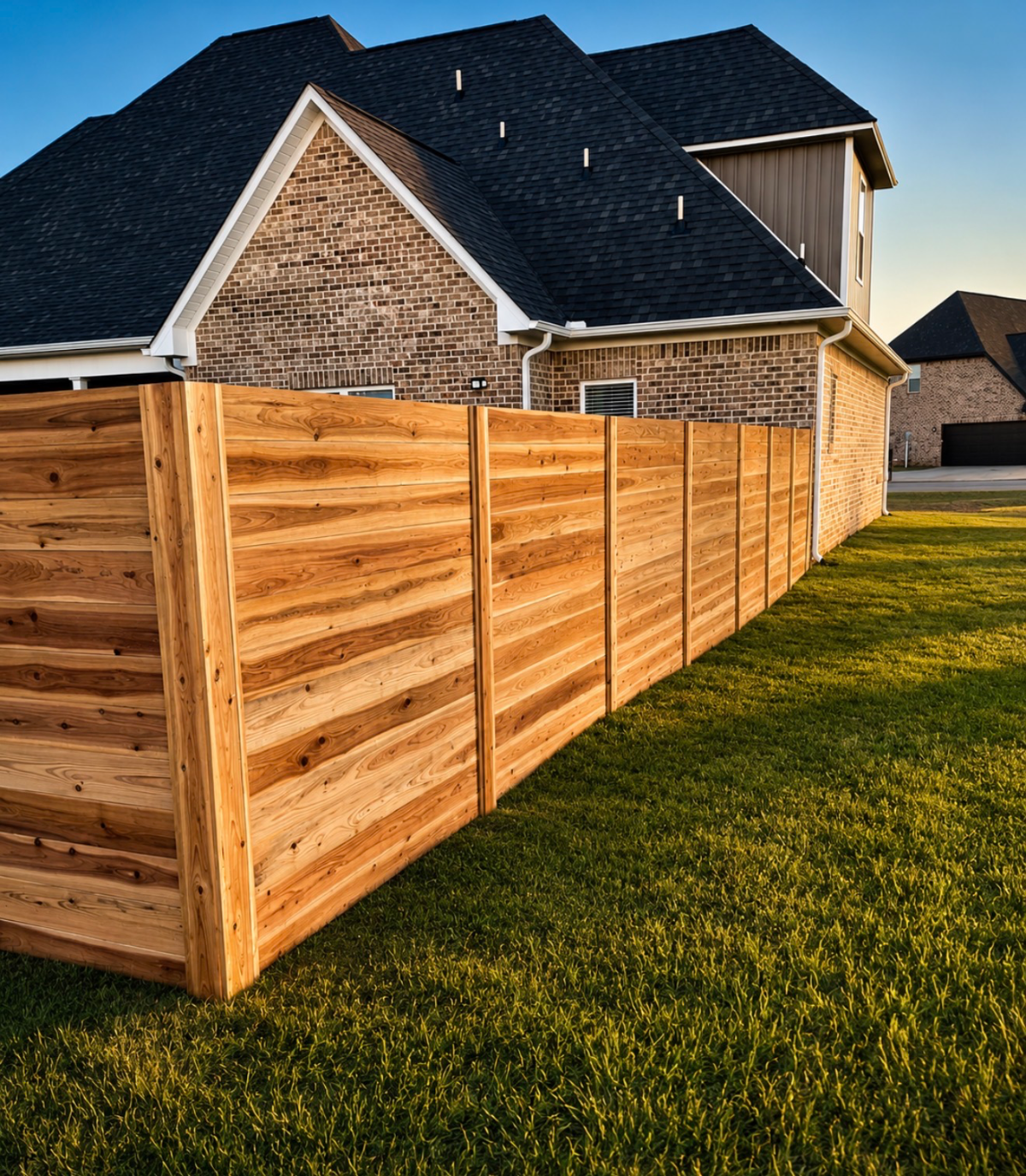 Cedar horizontal fence along a residential backyard