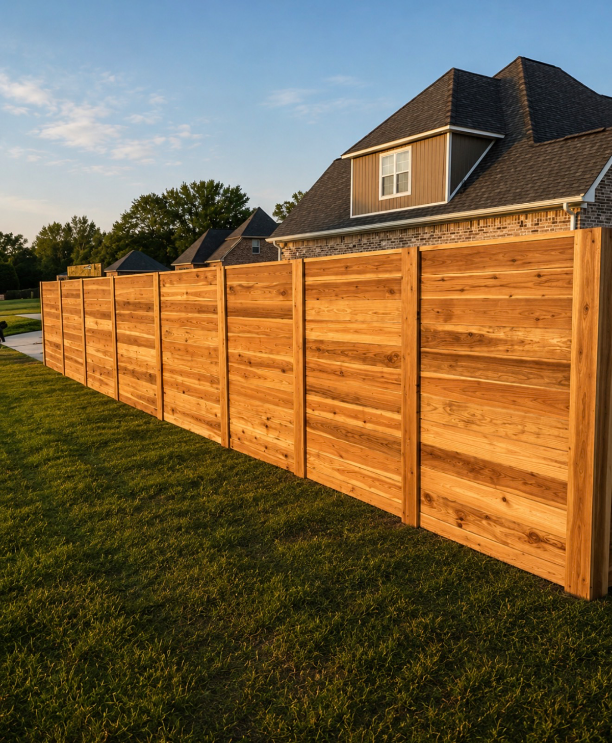 Cedar horizontal fence along a residential backyard