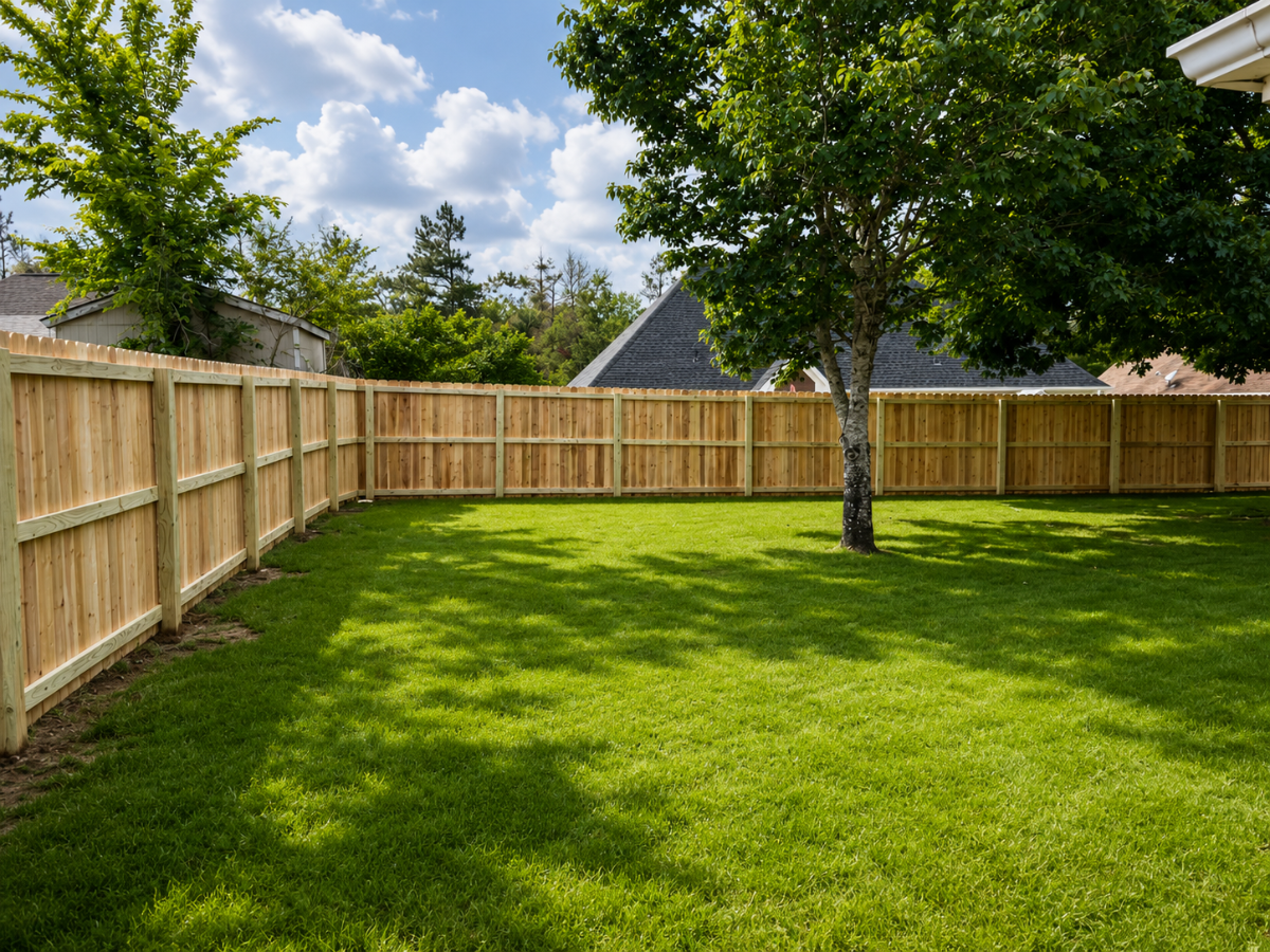 Cedar privacy fence along a residential backyard