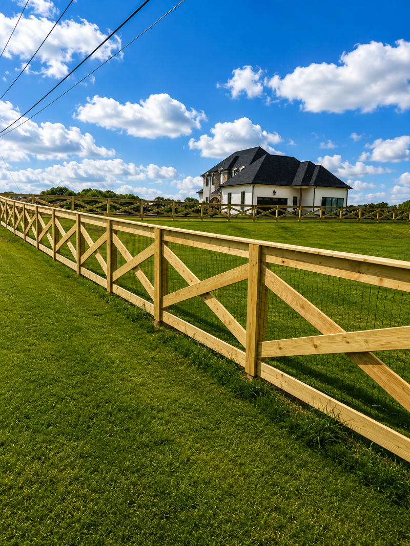 Pine crossbuck fence along a residential backyard