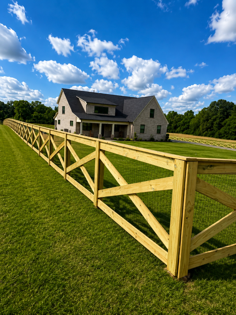 Pine crossbuck fence along a residential backyard