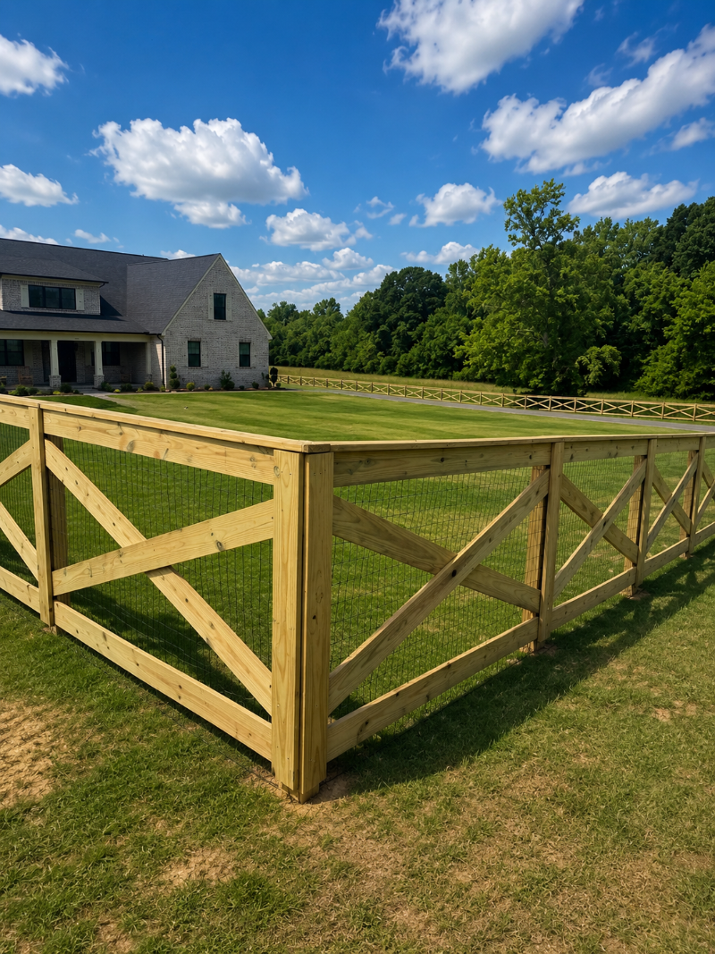 Pine crossbuck fence along a residential backyard