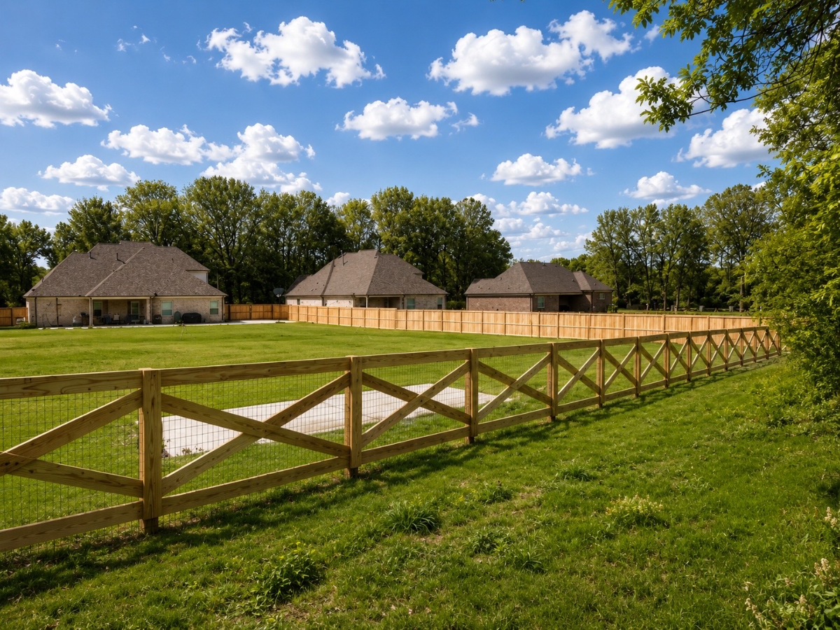 Pine crossbuck fence along a residential backyard