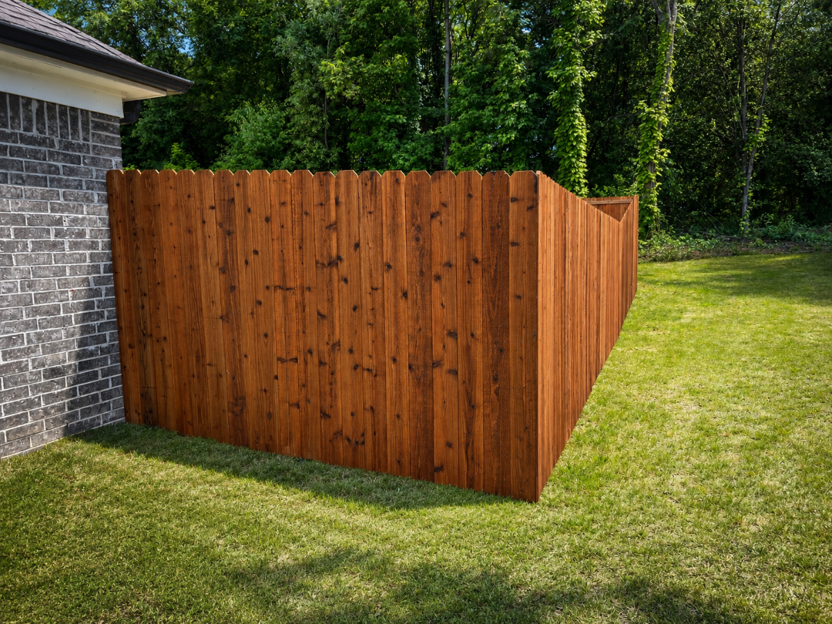 Pre-stained cedar privacy fence along a residential backyard