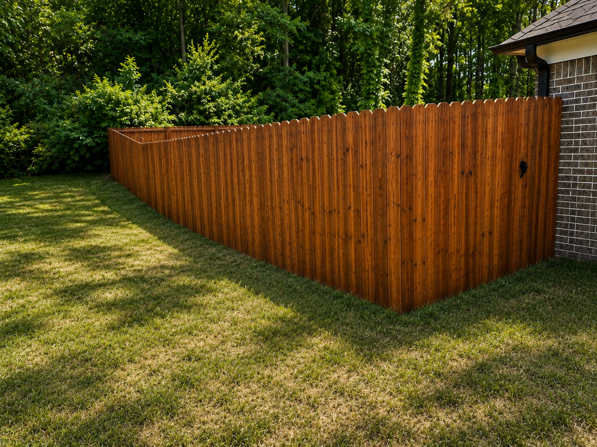 Pre-stained cedar privacy fence along a residential backyard