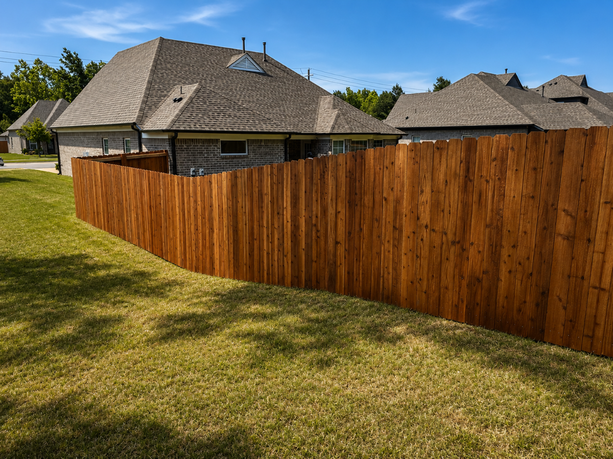 Pre-stained cedar privacy fence along a residential backyard