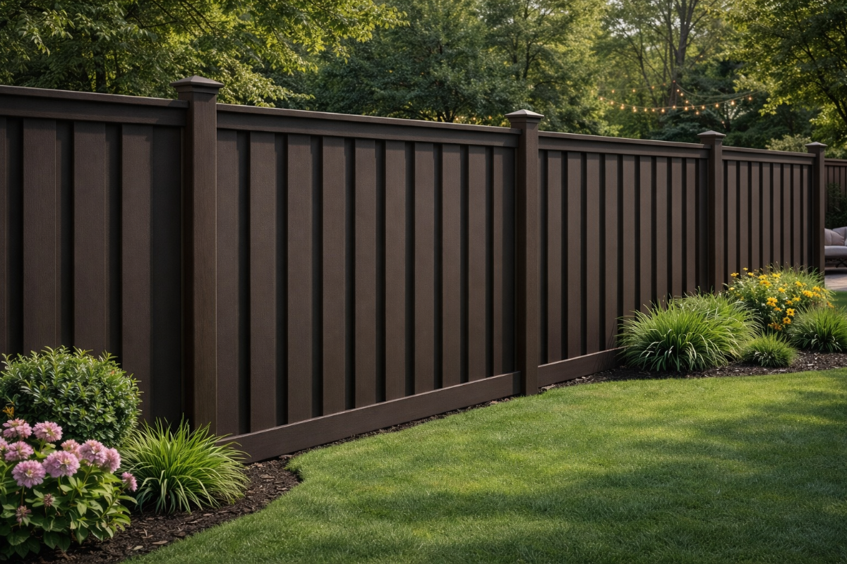 Composite privacy fence with board-on-board boards and cap-and-trim top