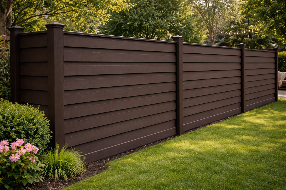 Horizontal composite fence panels along a residential backyard