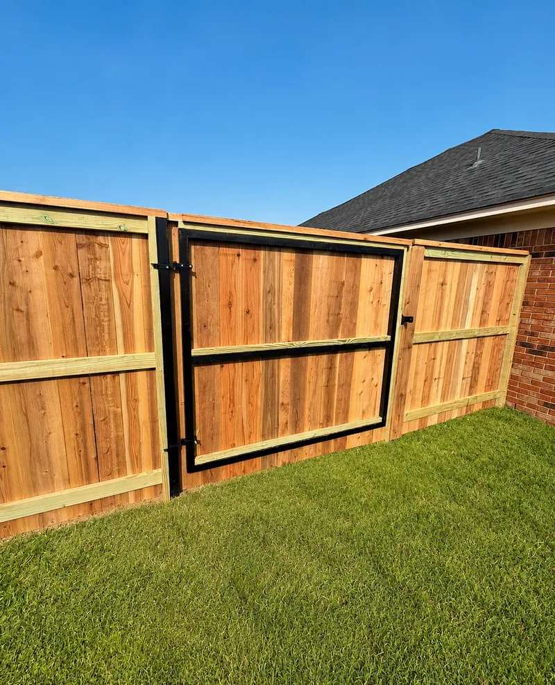 Cedar privacy fence with a black metal-framed gate beside a brick home