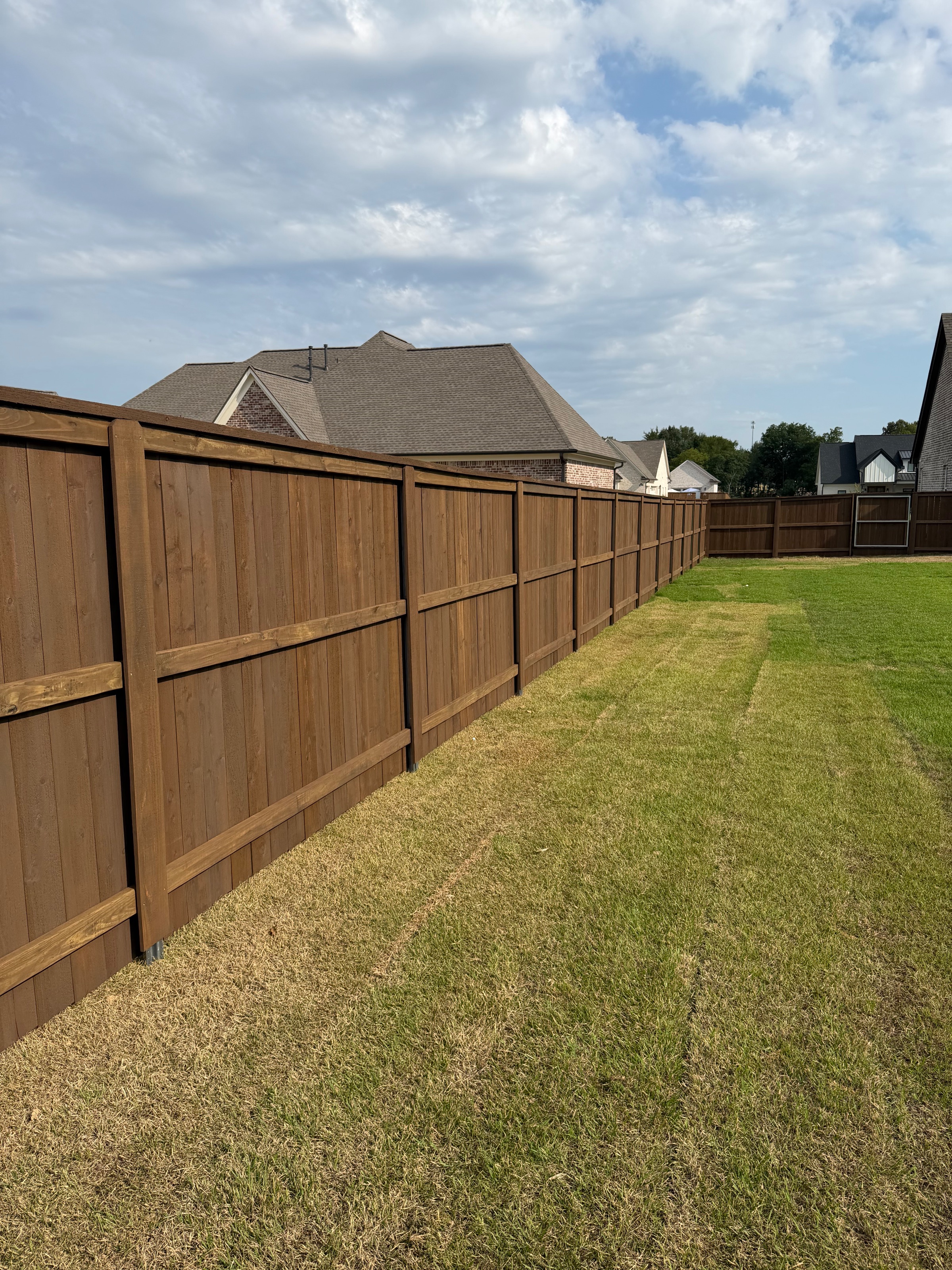Pre-stained cedar fence line with evenly spaced posts across a graded yard