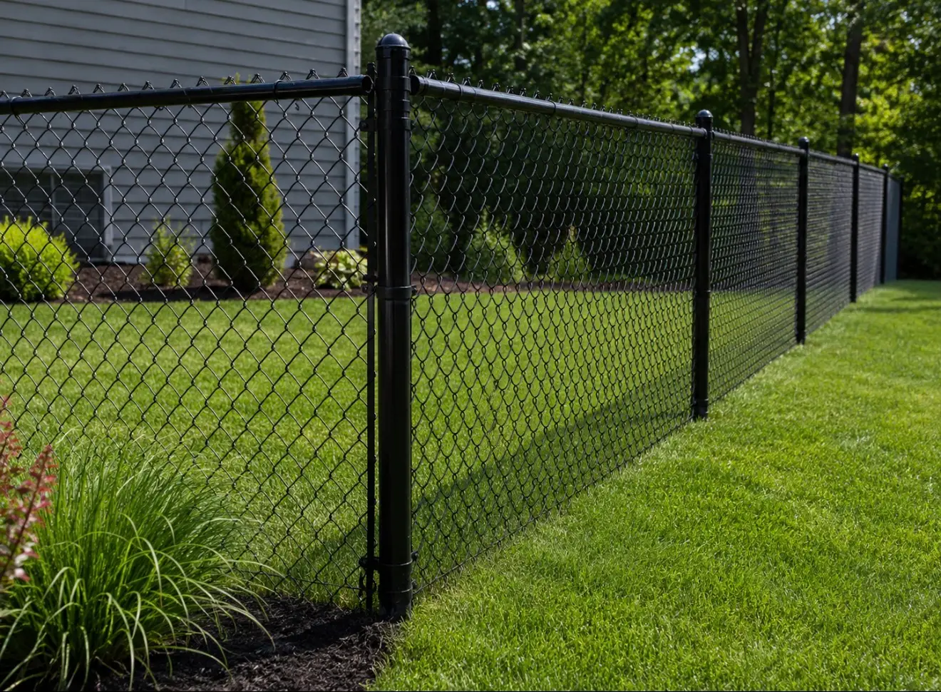 Black chain link fence securing a residential side yard