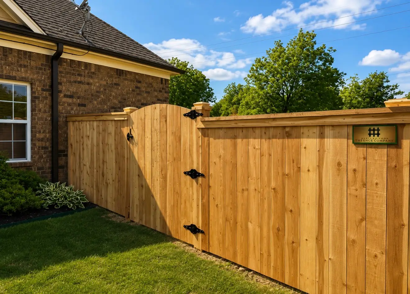 Cedar privacy fence with a metal-framed gate
