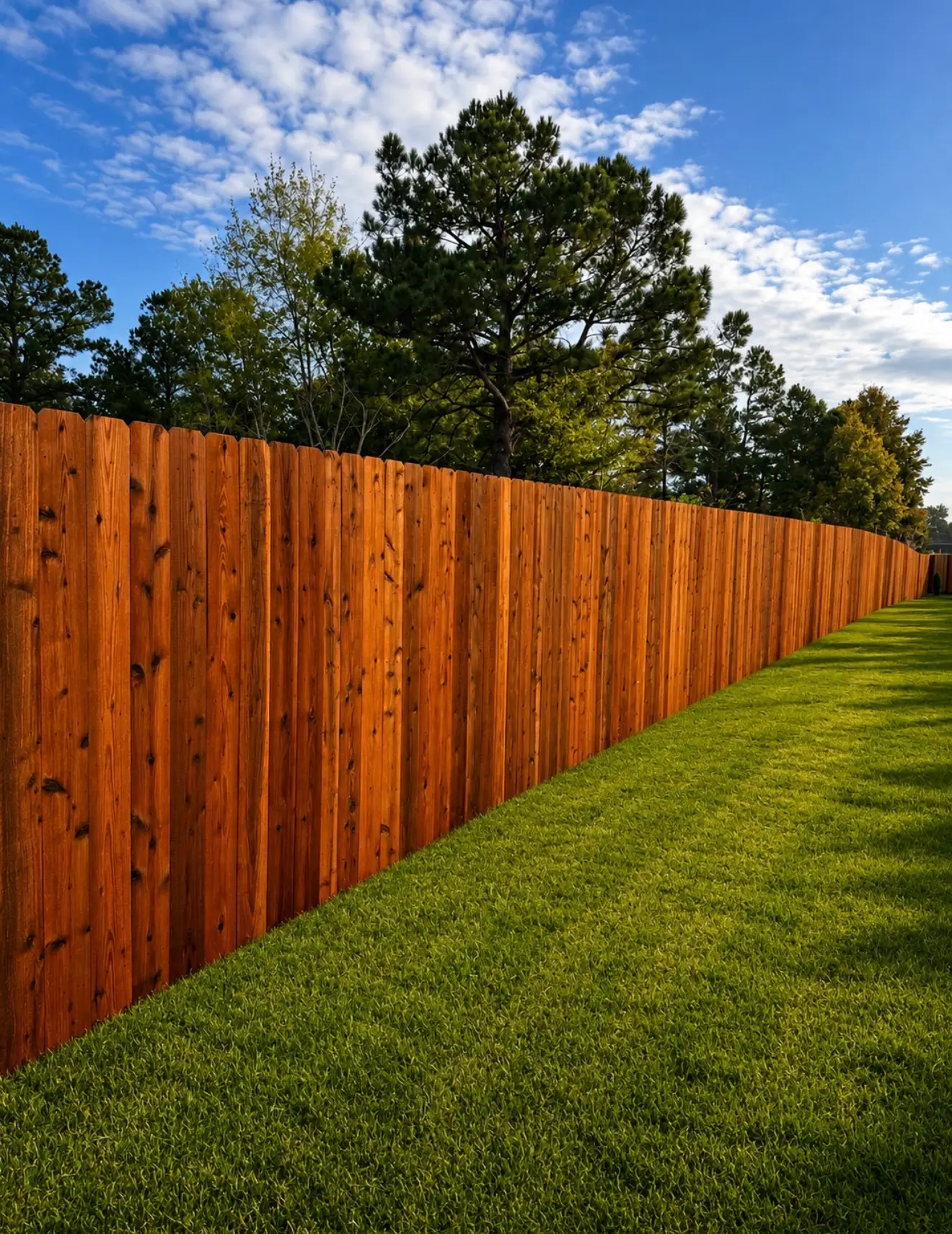 Stained cedar privacy fence installed in Hernando, Mississippi