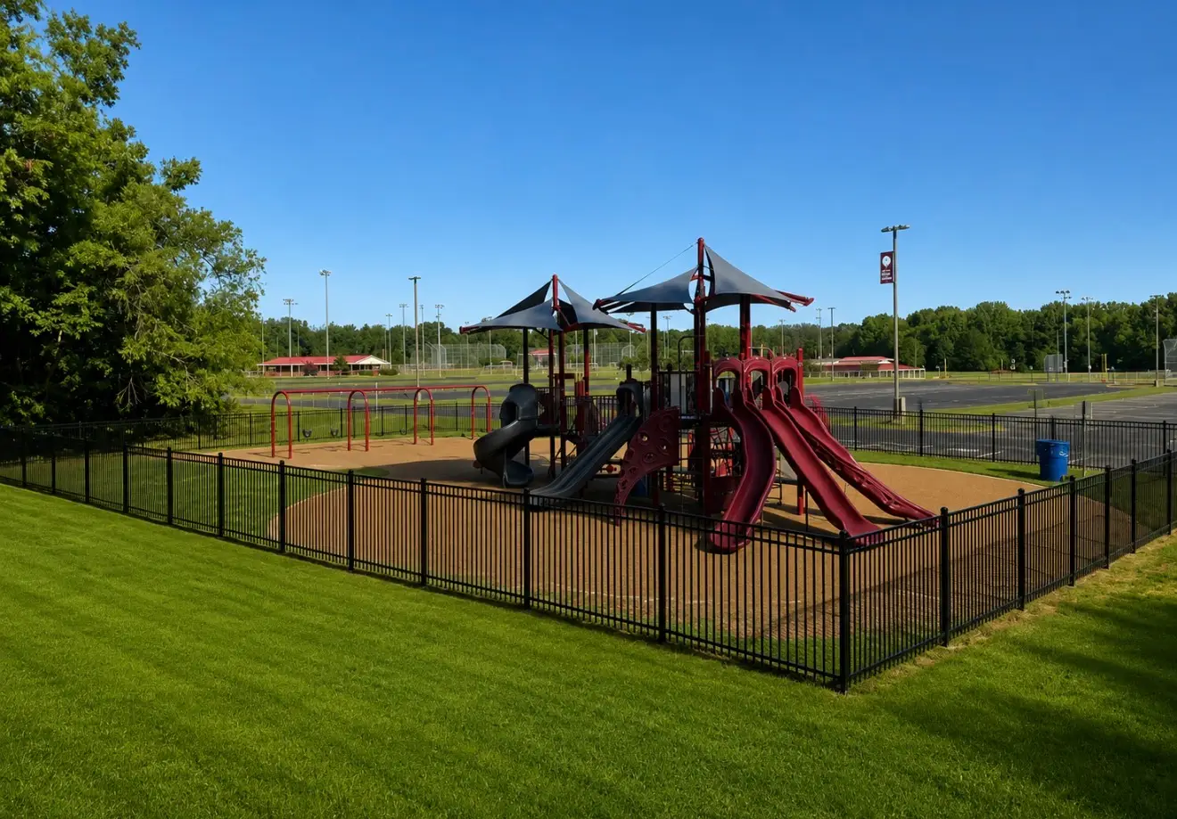 Commercial grade chain link fence enclosing an open recreation area