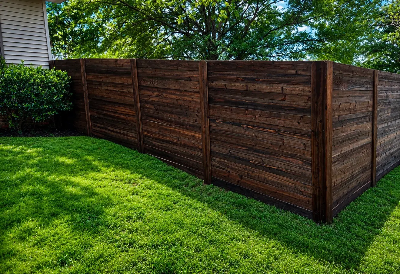 Dark stained board-on-board cedar fence in Olive Branch, Mississippi
