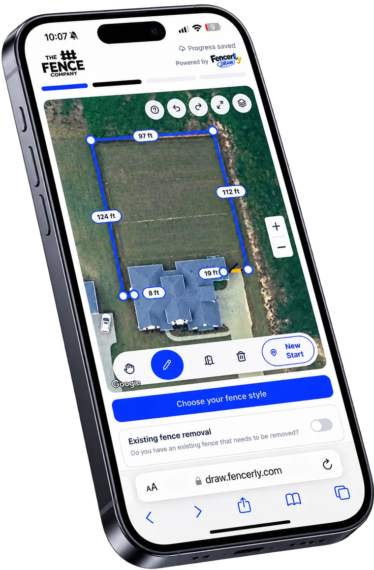 Fencerly Draw on a phone, measuring a backyard fence line on a satellite map of the property