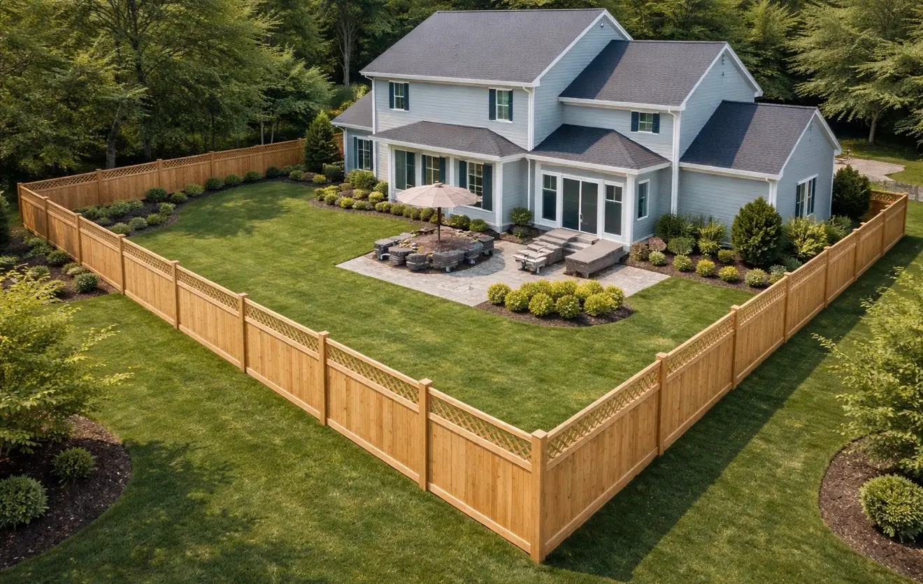 Open rail style fence bordering a wide grassy property