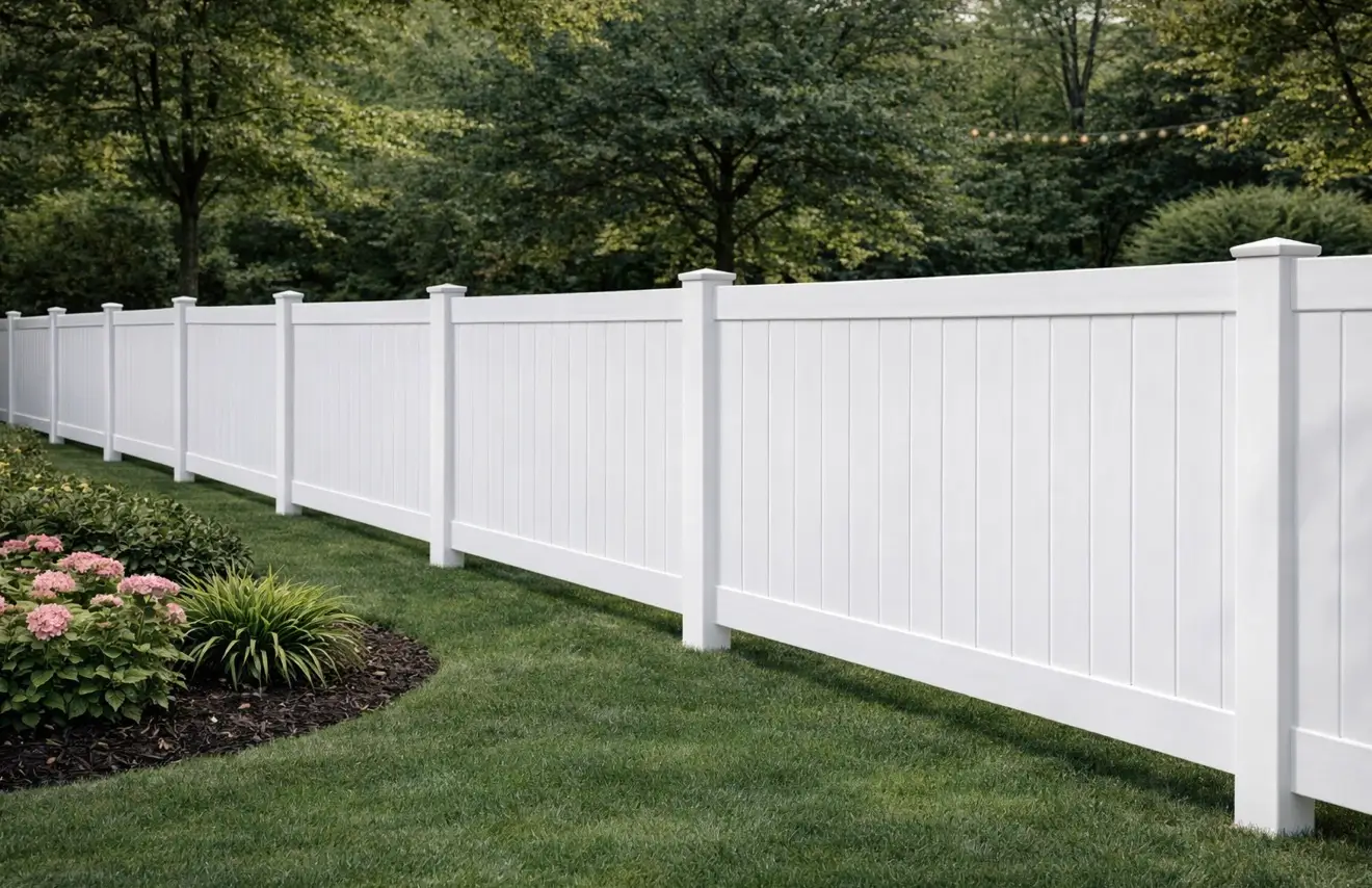 White vinyl privacy fence running along a manicured lawn