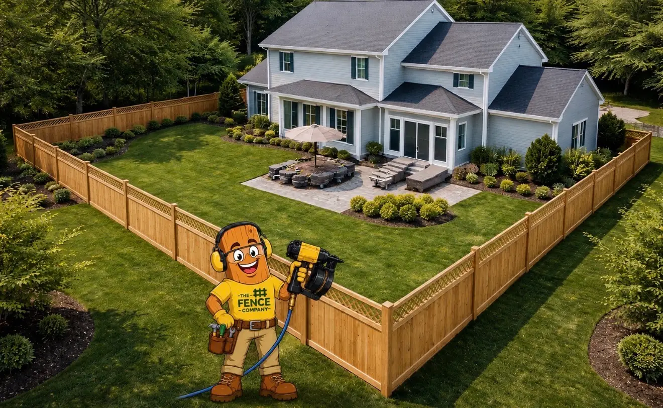 Wood fence framing the corner of a residential yard