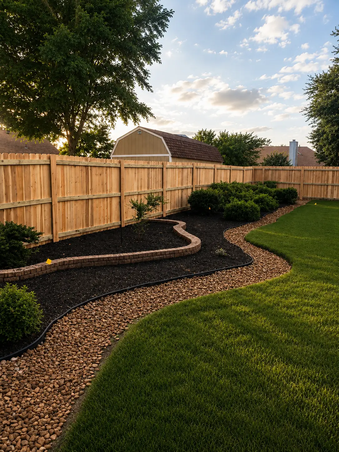 Wood privacy fence behind a landscaped residential yard